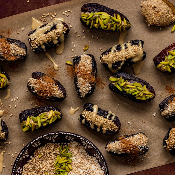 Cinnamon, tahini and toasted sesame-stuffed dates