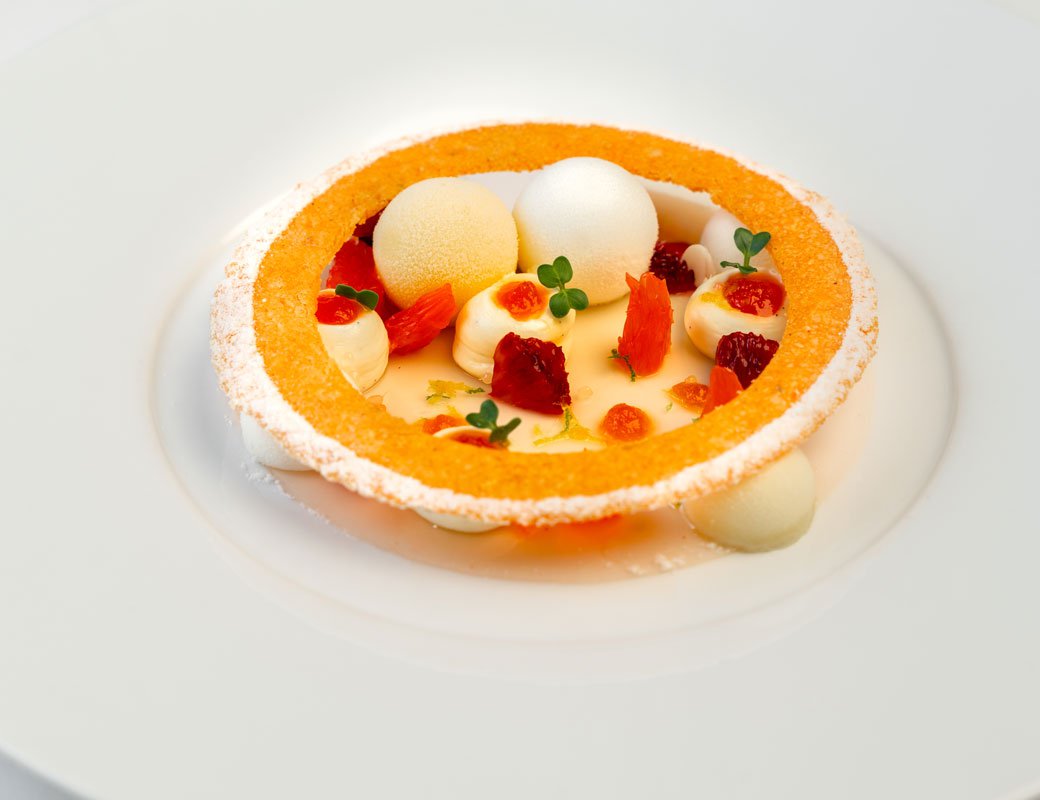 Citrus tart with orange sorbet, lemon sorbet and lightly bitter mascarpone