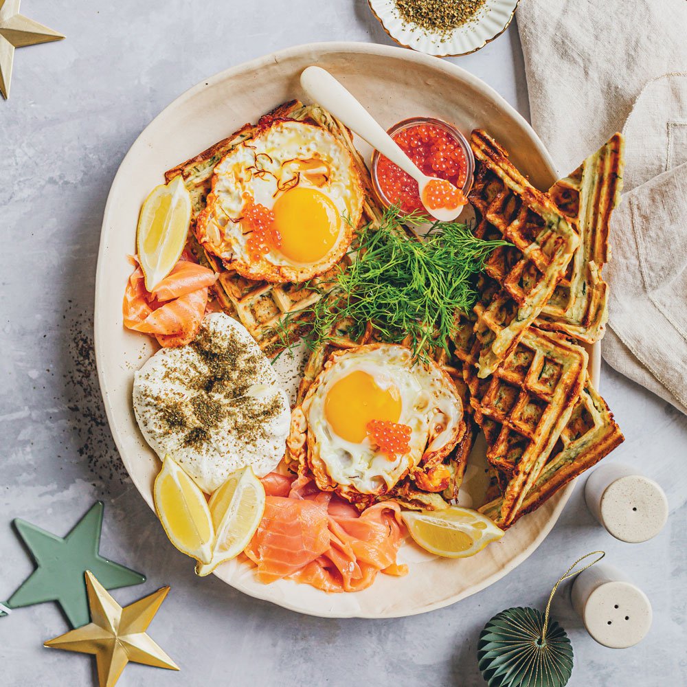 Courgette waffles with smoked salmon, crispy fried eggs and caviar