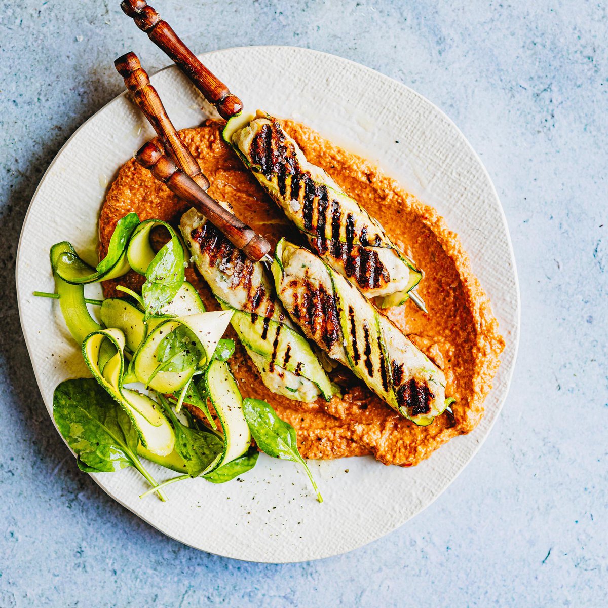 Courgette-wrapped chicken kofta with muhammara