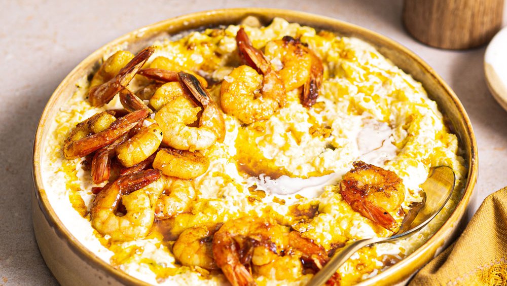 Creamed corn with turmeric prawns