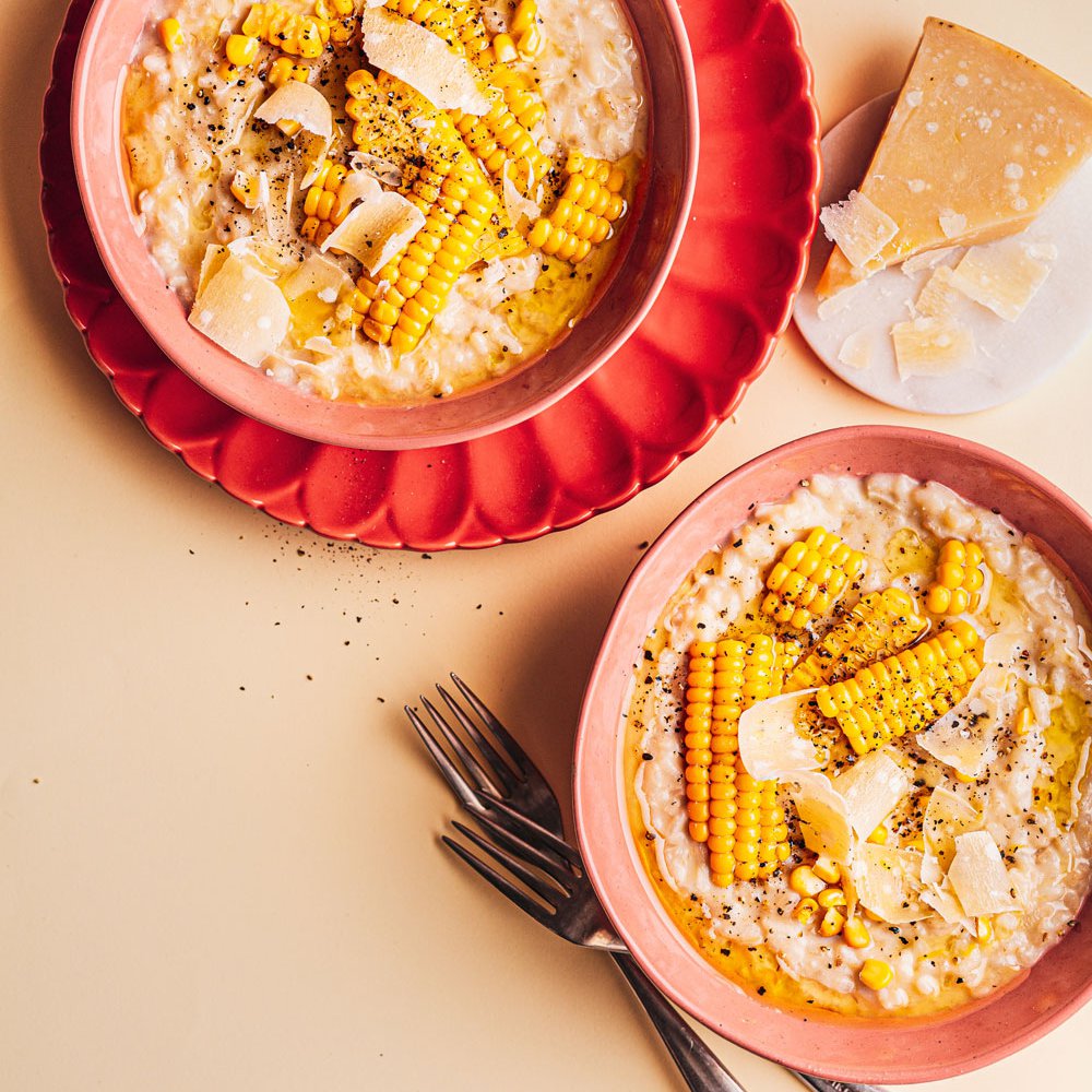 ريزوتو بحليب اللوز الكريمي والذرة الحلوة