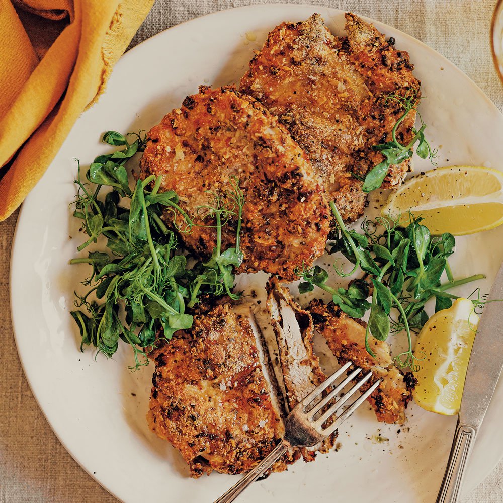 Crispy onion-crusted schnitzels