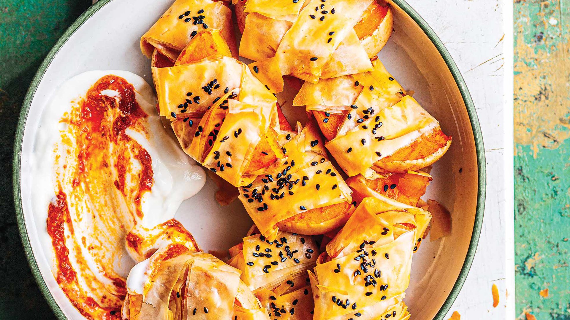Crispy phyllo butternut wedges