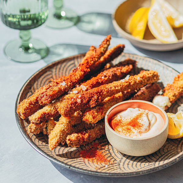 Crumbed asparagus with anchovy-mayo dip