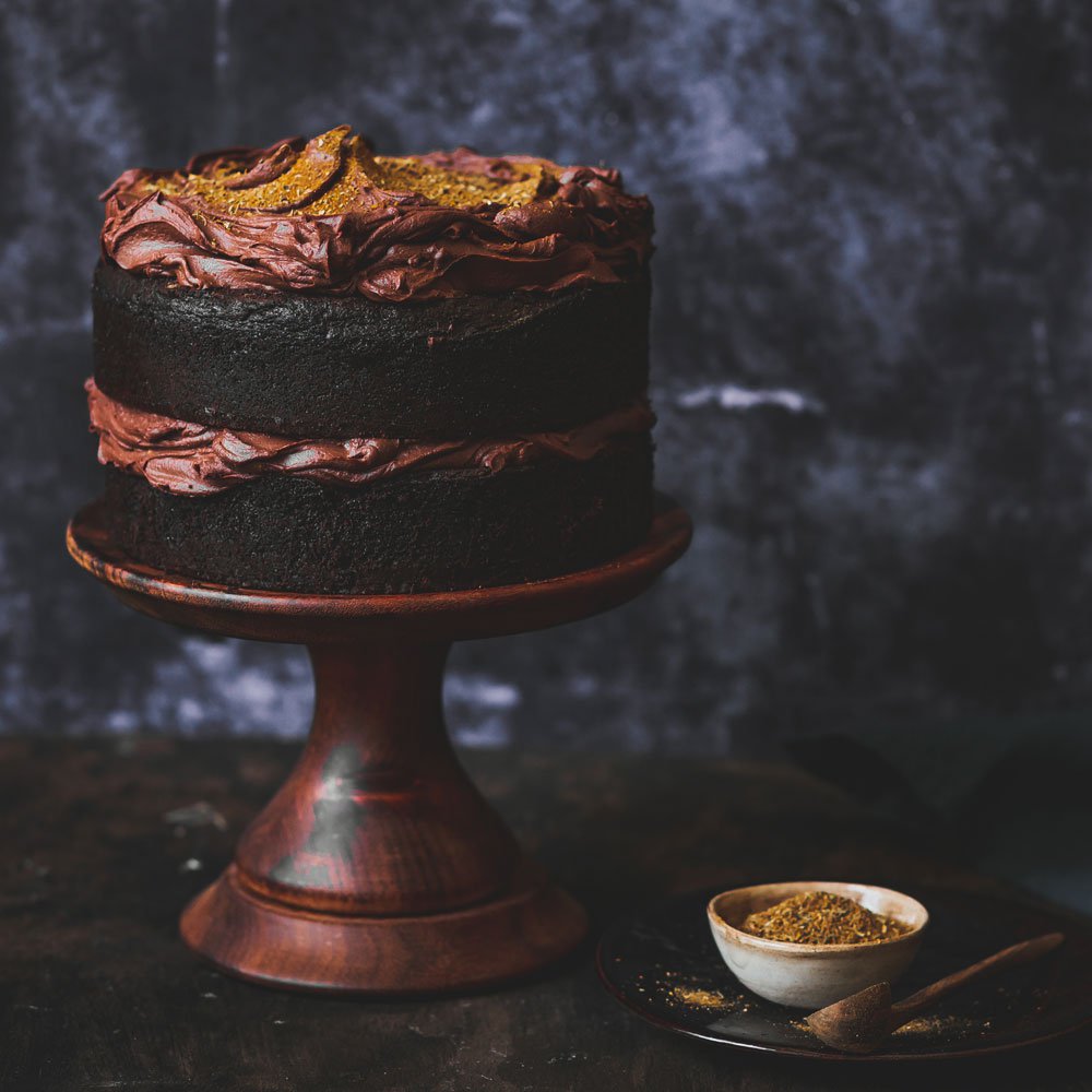 Dark chocolate and baharat ganache cake