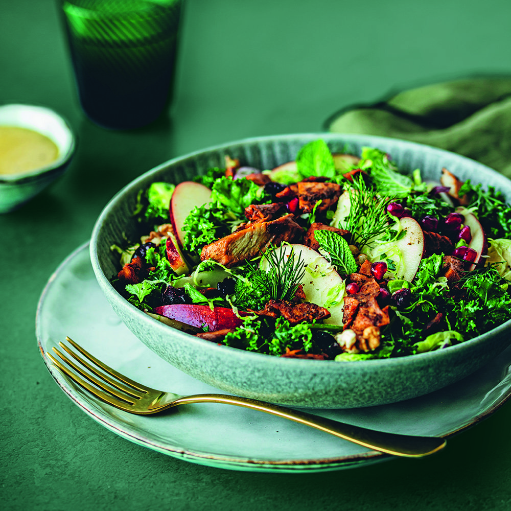 Festive brussels sprouts, kale and crispy shawarma salad