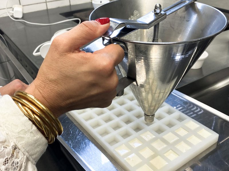 The making of butter | We garnished the butter with fresh aromatics | The making of Livarot cubes | Cream-coated salmon skewers | Sage-infused cream | Fresh cheese quenelle