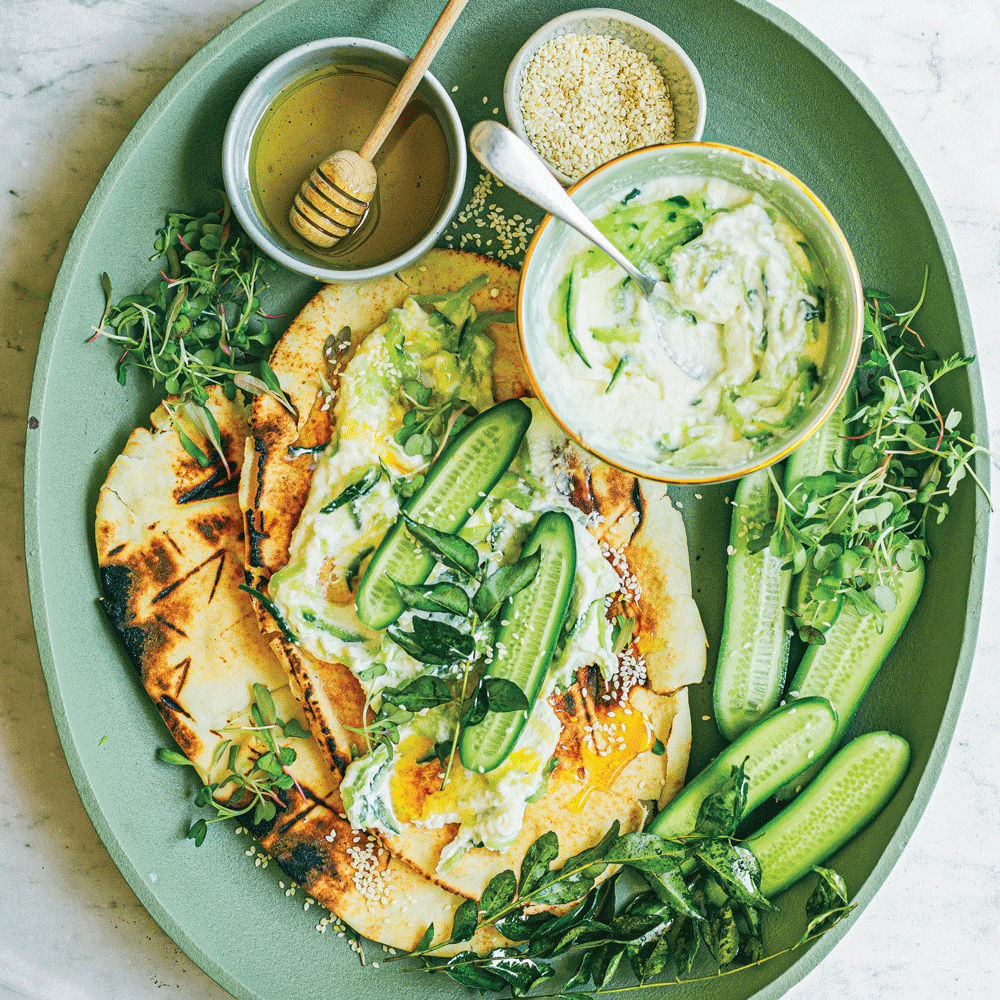Flatbread with creamy feta, cucumber and crispy curry leaves