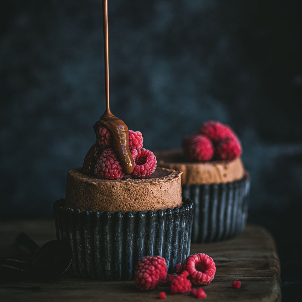 Frozen milk chocolate ‘soufflés’ with raspberries and hot chocolate sauce recipe Spinneys UAE