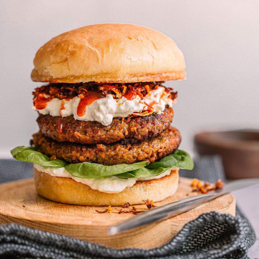 Future Farm harissa burgers with crispy carrot fries