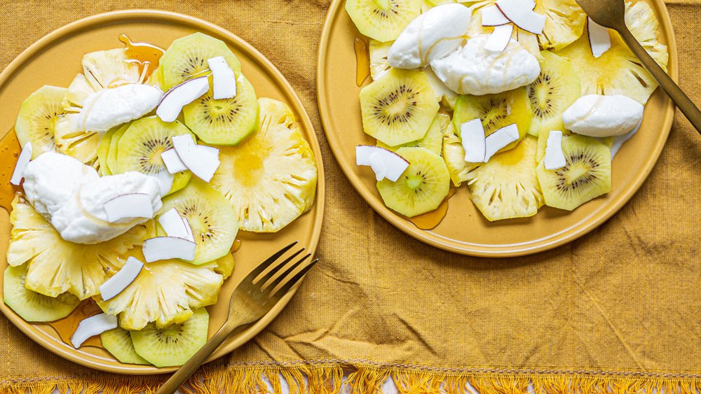Golden kiwi and pineapple salad with no-churn lemongrass ice cream