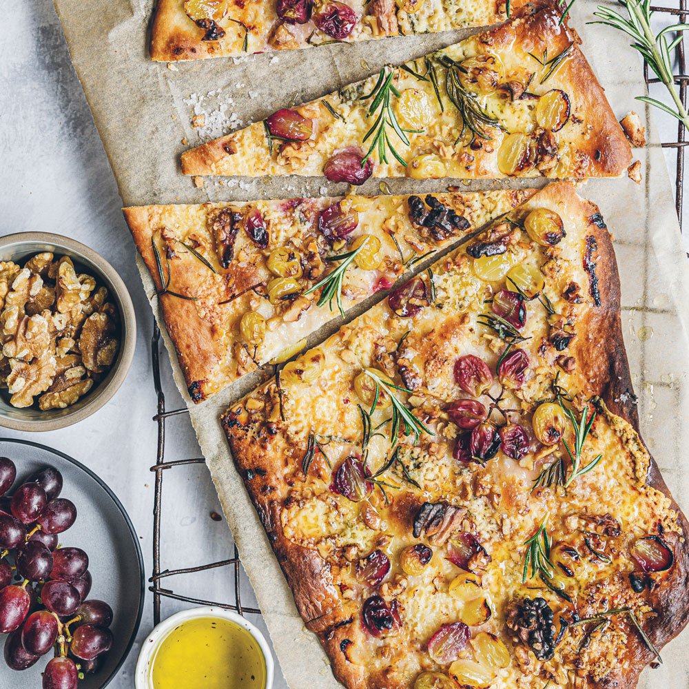 Grape and gorgonzola crispy sharing flatbread with walnuts