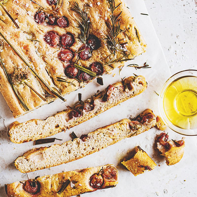 Cheese stuffed focaccia with roasted grapes