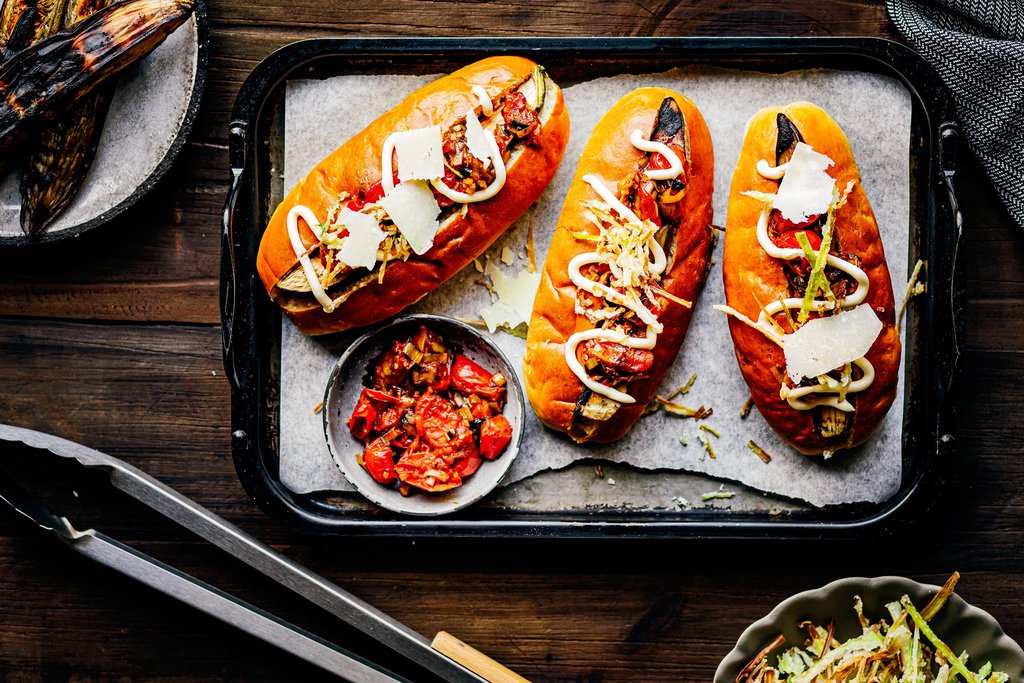 Grilled aubergine 'hot dogs' recipe