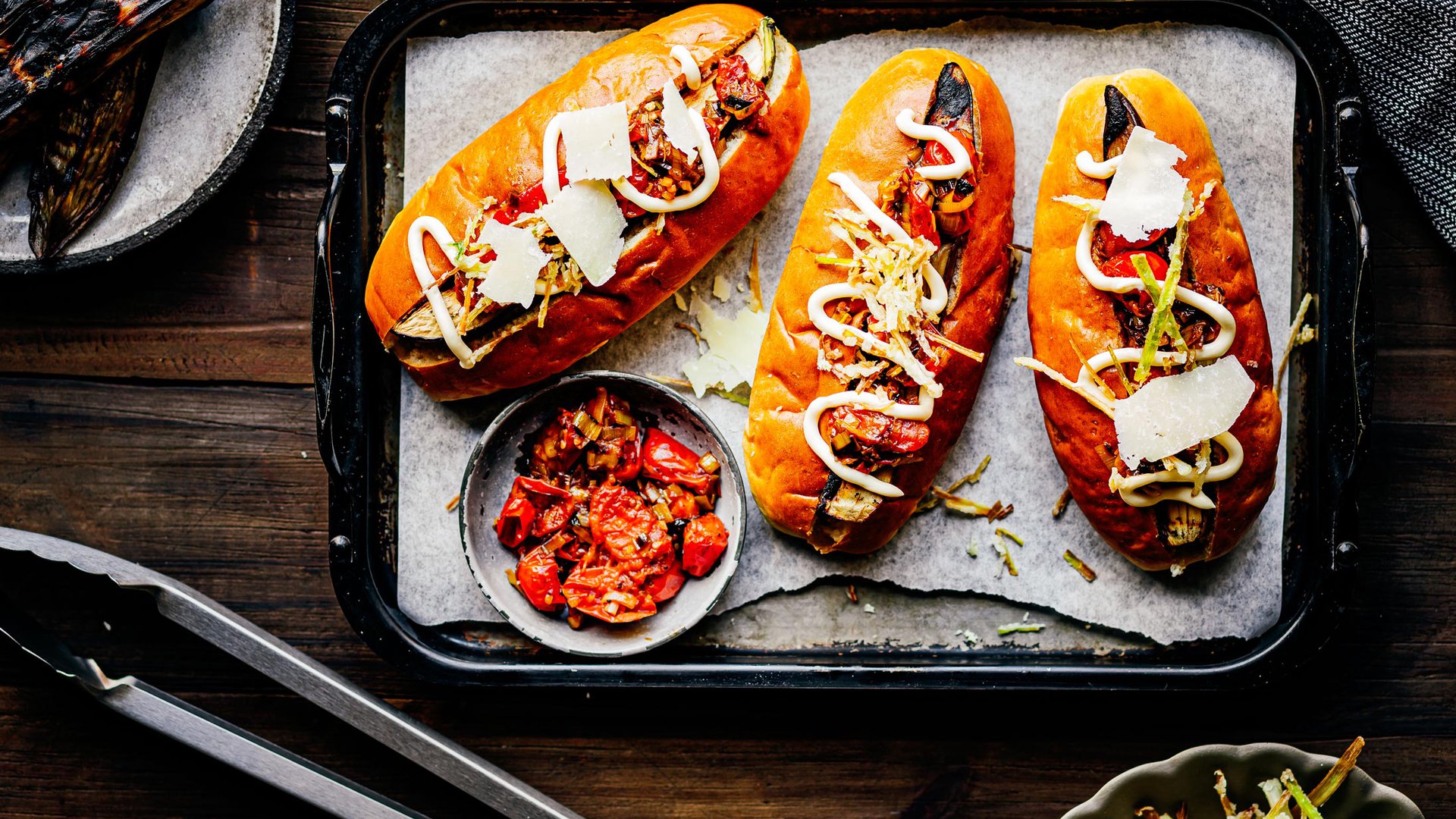 Grilled aubergine 'hot dogs' recipe