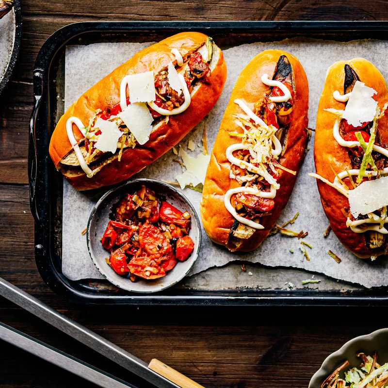Grilled aubergine hot dogs