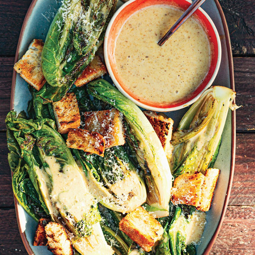 Grilled Caesar salad with charred anchovy dressing