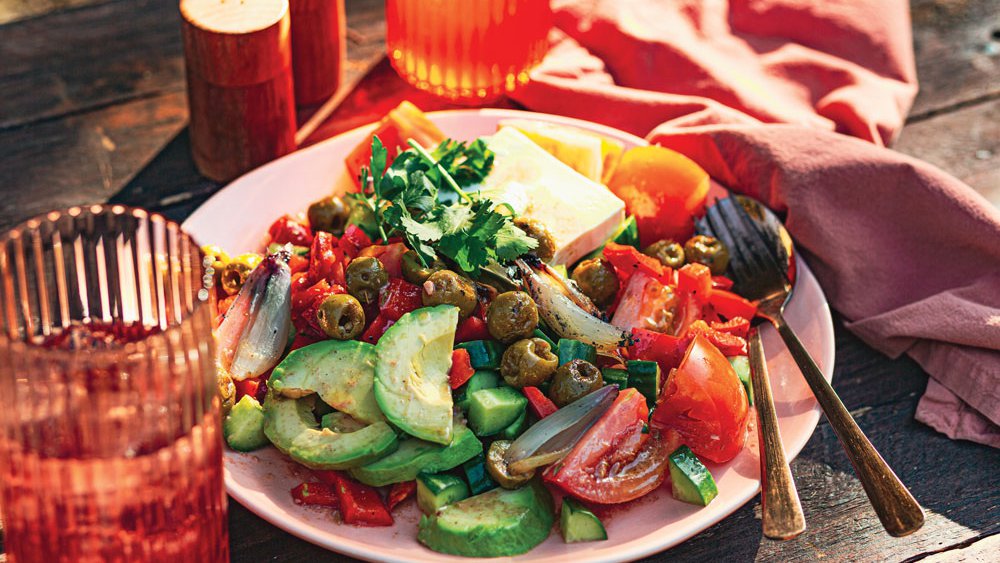 Grilled greek salad with olive oil dressing