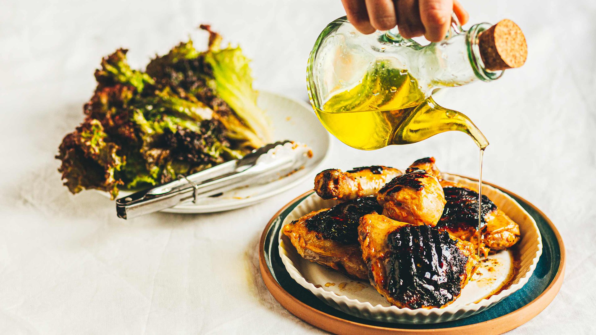 Grilled mango and lime chicken with grilled lollo rosso lettuce