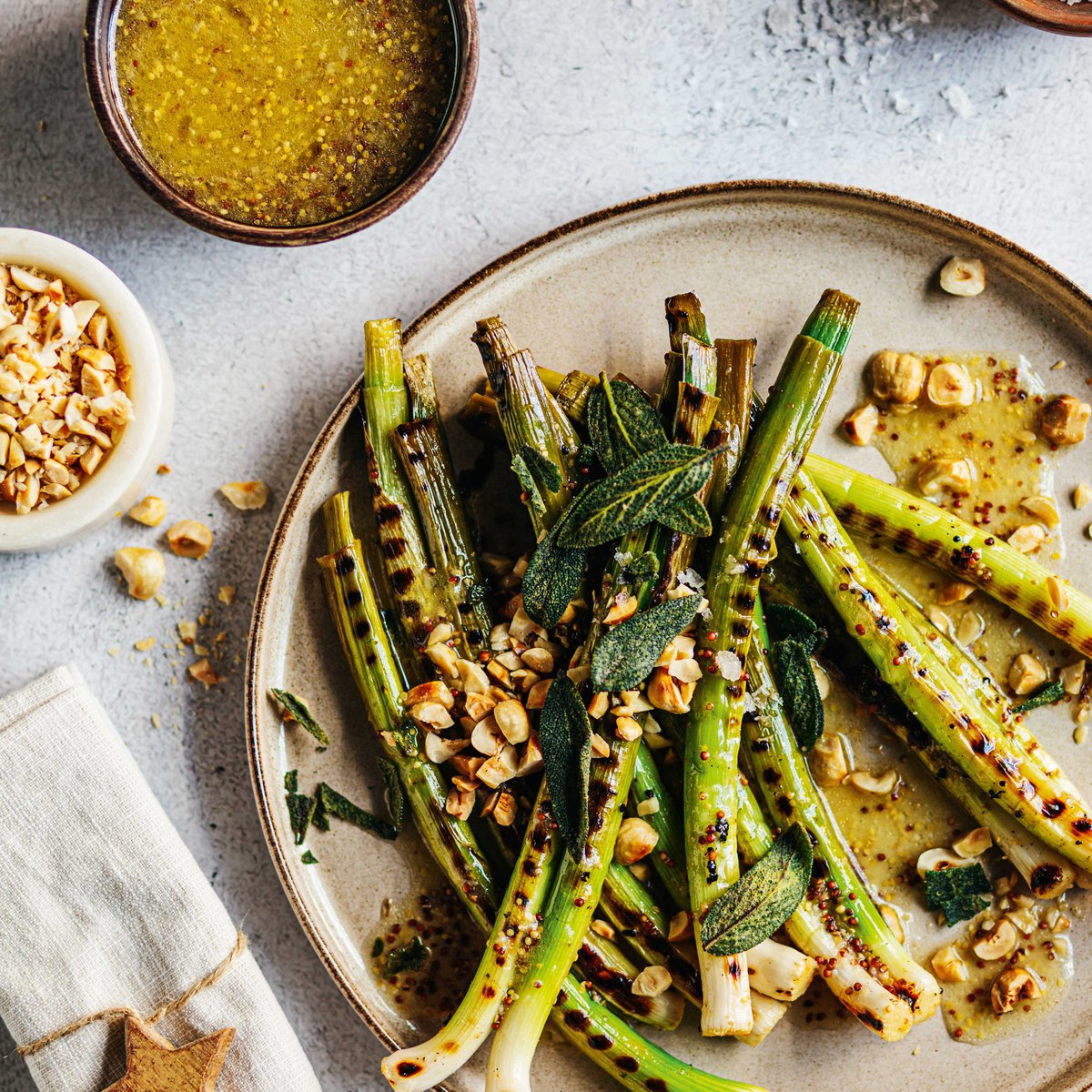 Grilled marinated leeks with crispy sage and toasted hazelnuts recipe