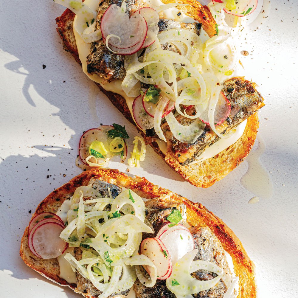 Grilled sardines and fennel bruschetta with horseradish aioli recipe