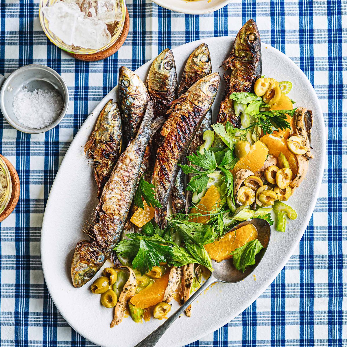 Grilled sardines with orange, fennel and anchovy salad recipe