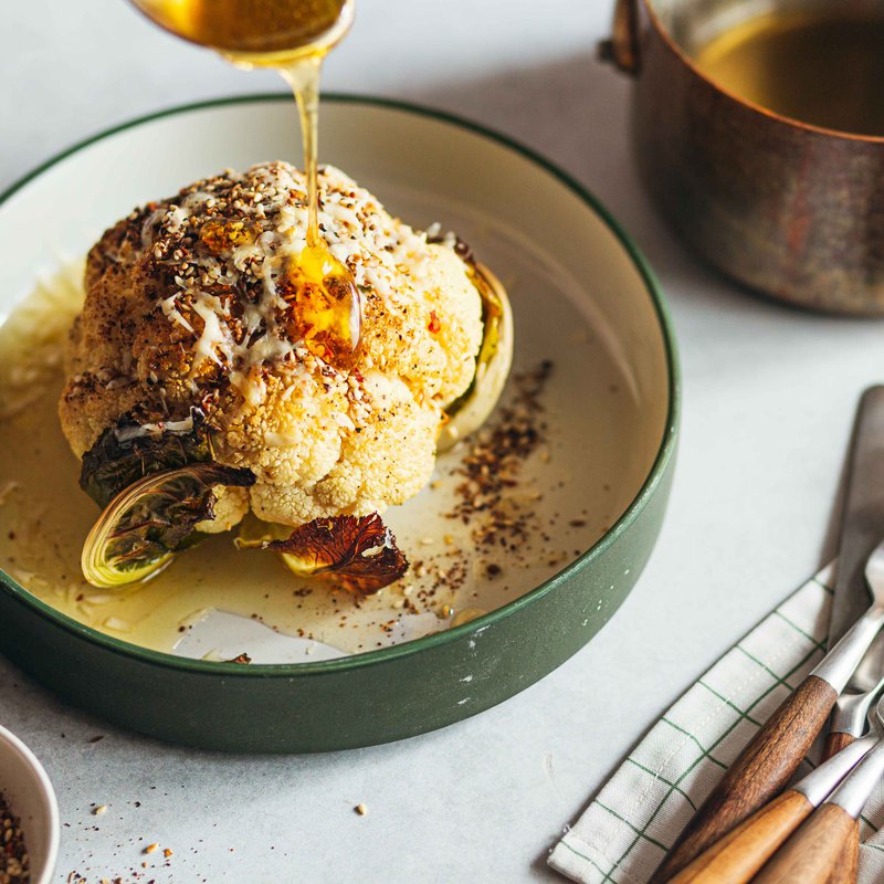 Halloumi, burnt honey and za’atar baked cauliflower