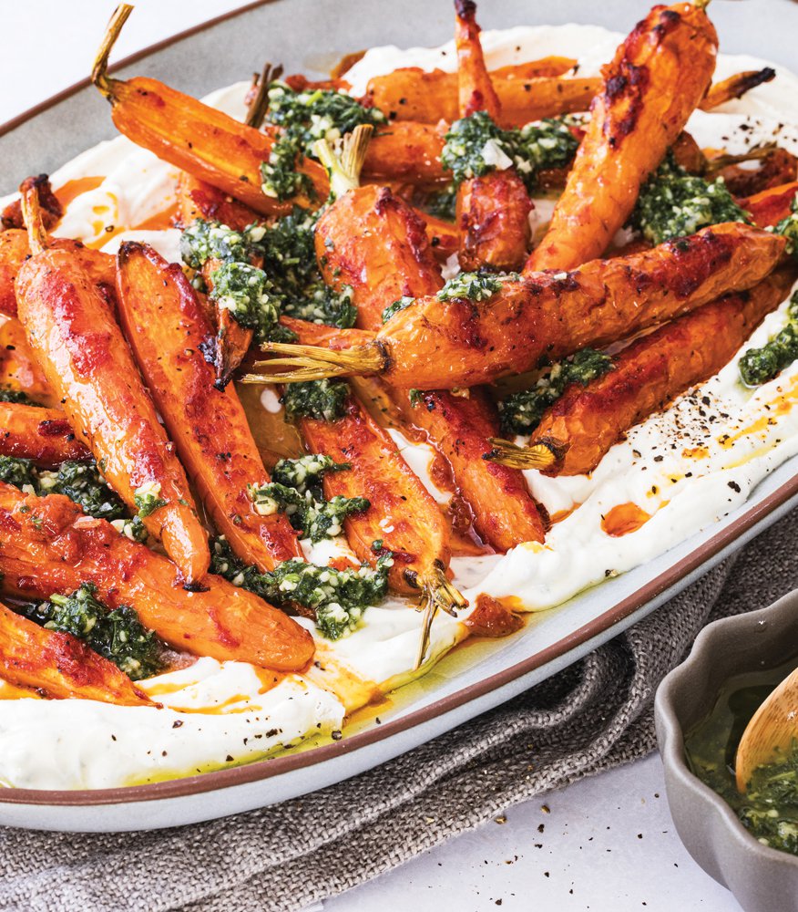 Harissa-roasted carrots with labneh and carrot top-coriander pesto