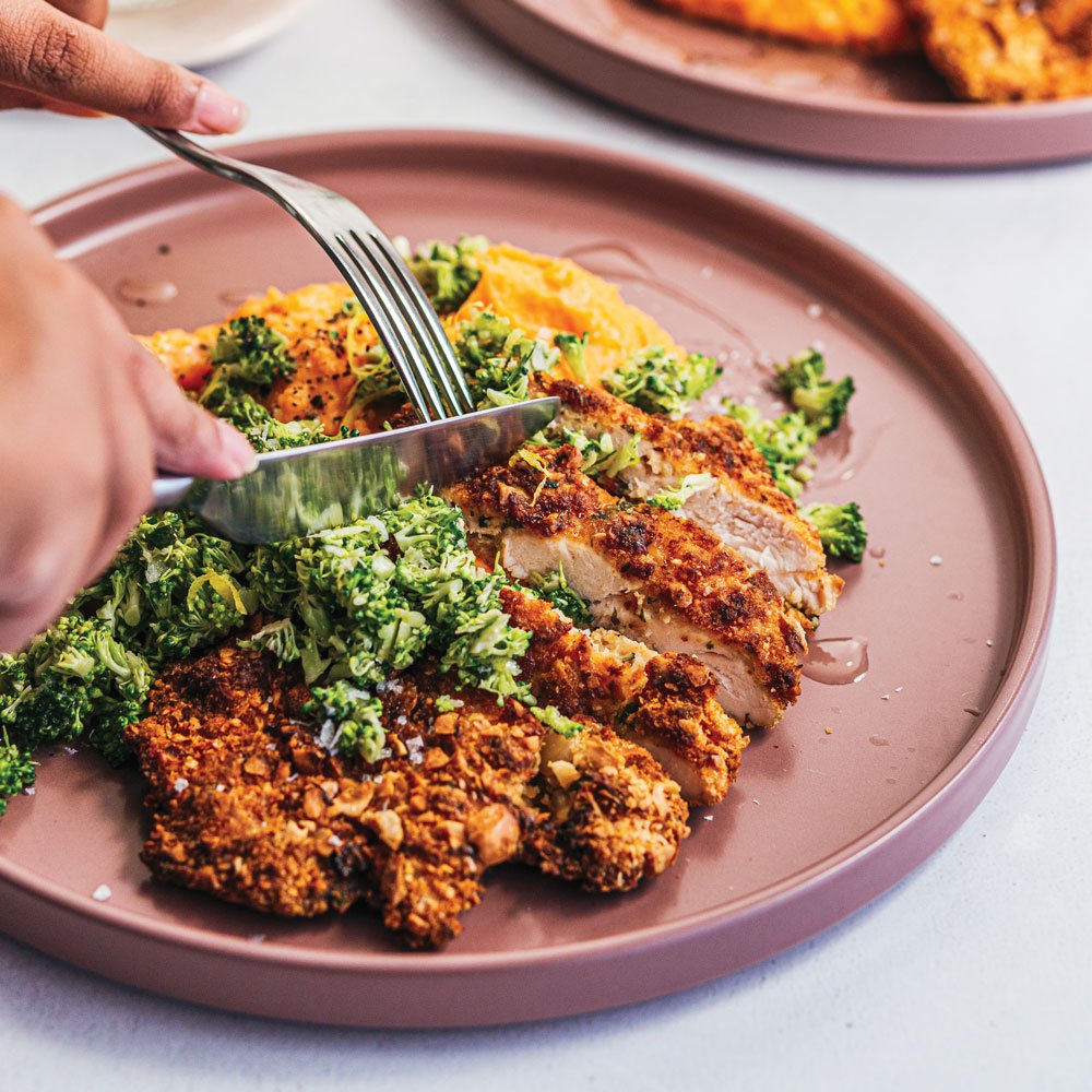 Hazelnut crusted chicken with broccoli gremolata
