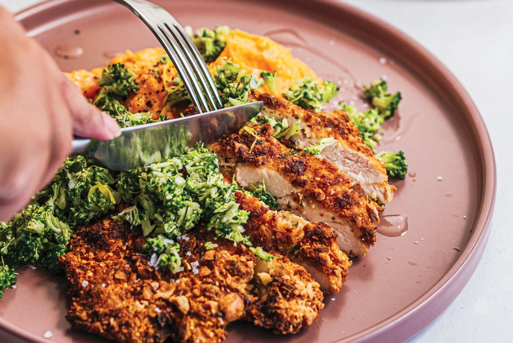 Hazelnut crusted chicken with broccoli gremolata recipe Spinneys UAE