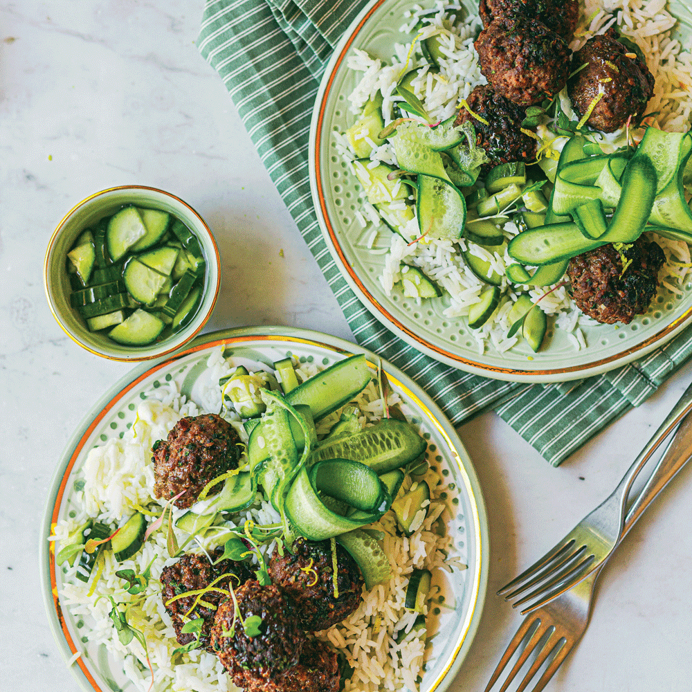 Herby green meatballs with cucumber pickle rice