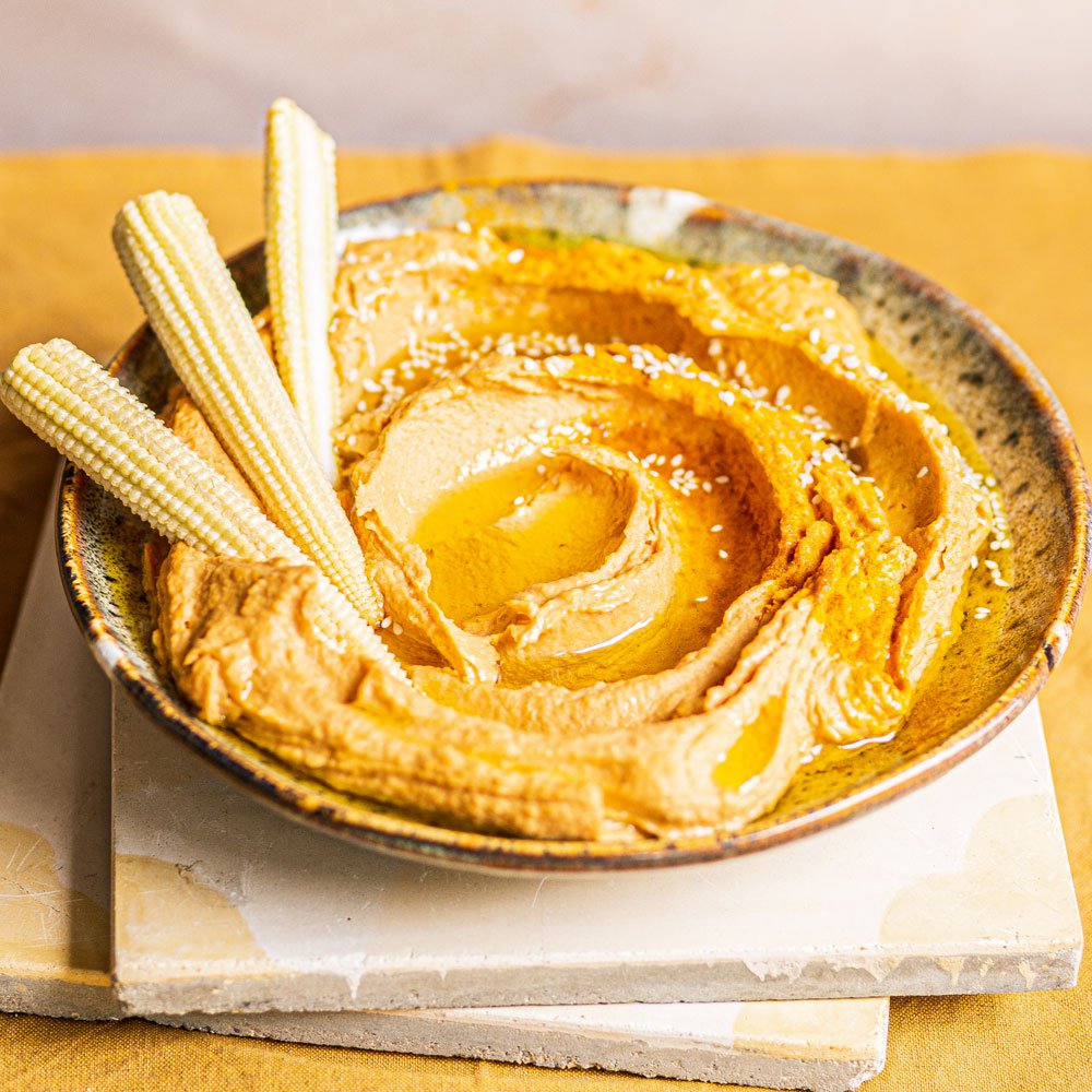 Sweet potato and tahini hummus with baby corn dippers