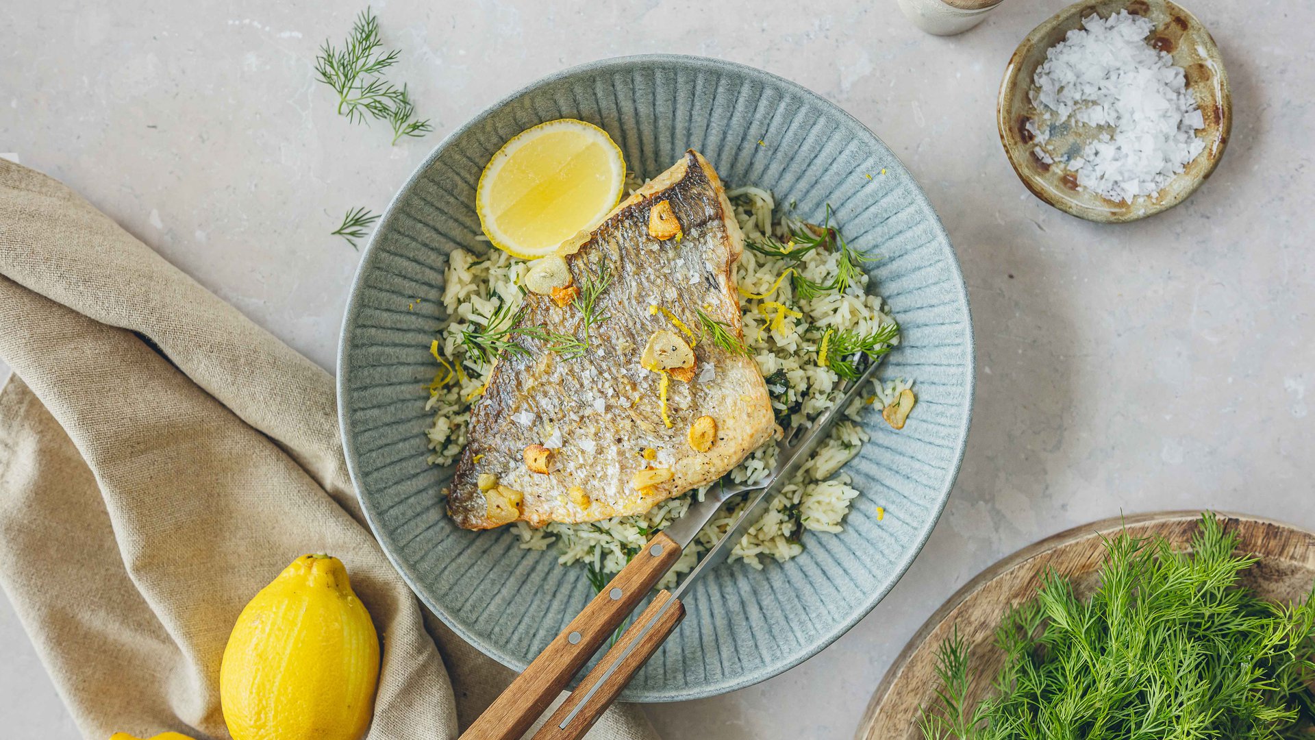 Omani sea bream with herby coconut rice