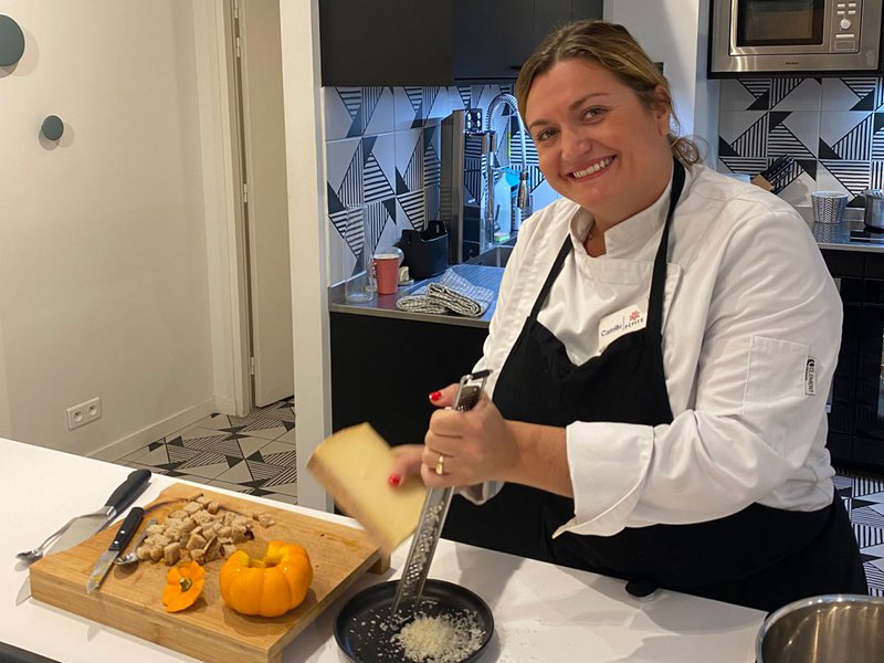 Chef Camille | Fresh-out-of-the-oven cream-filled pumpkins | Flaky apple roses with vanilla whipped cream and caramel drizzle | Classic chicken supreme