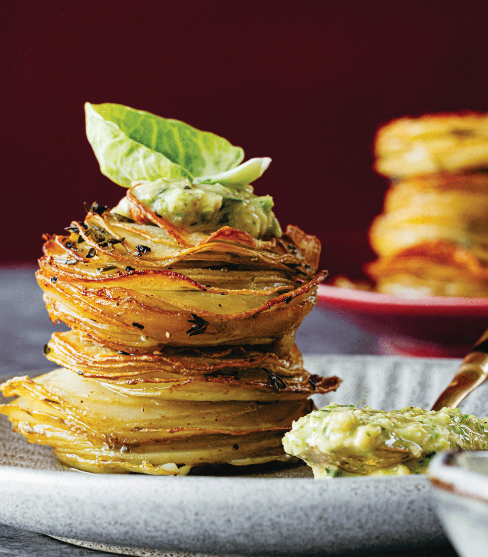 Herb-roasted potato stacks with Brussels sprout pesto