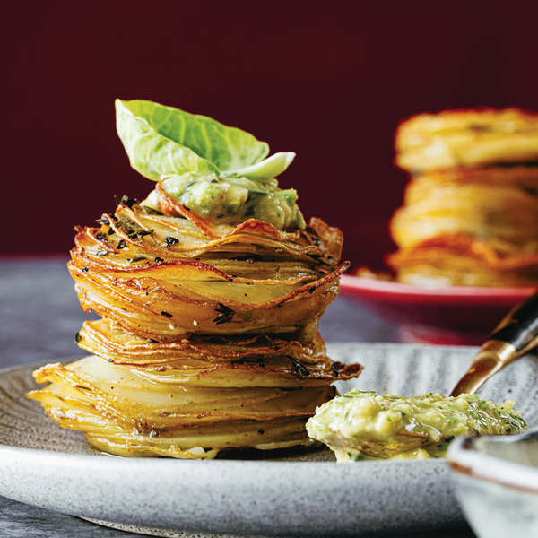 Herb-roasted potato stacks with Brussels sprout pesto