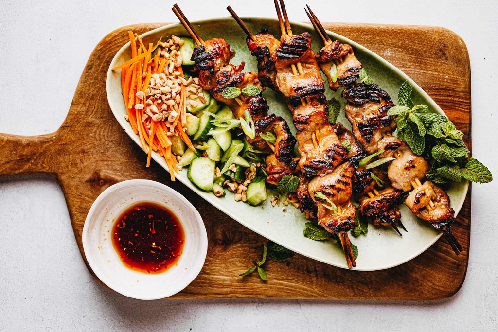 Indonesian chicken satay with roasted chilli peanut salad recipe