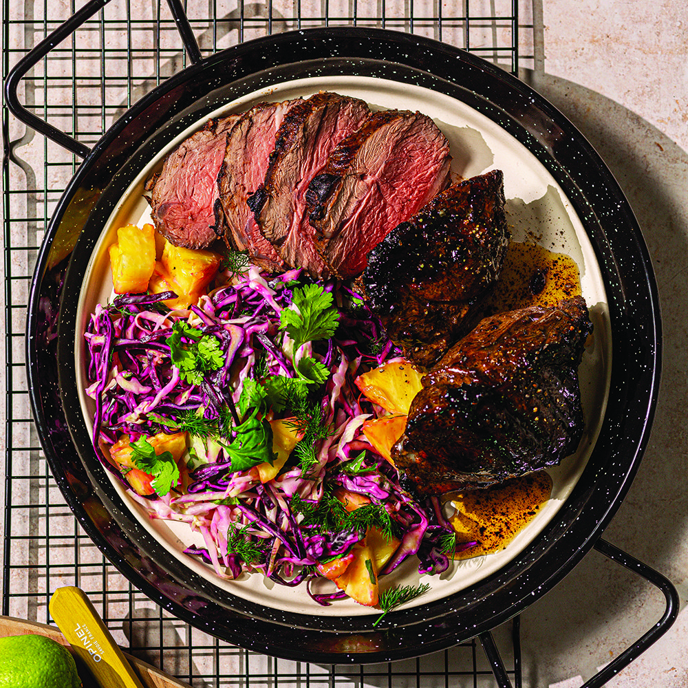 Jerk BBQ lamb chump with rainbow slaw