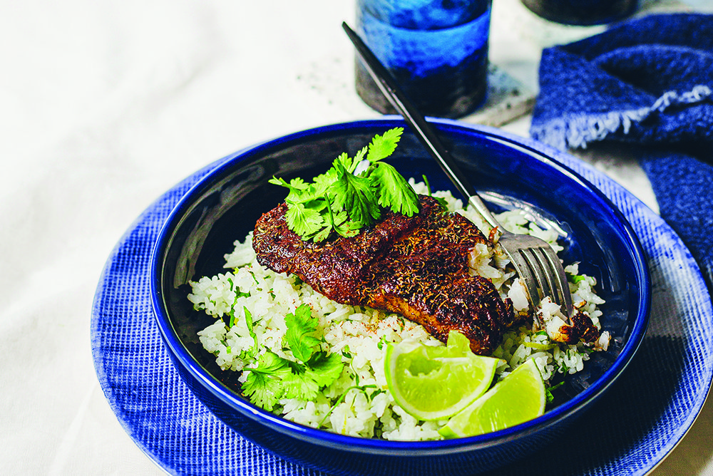 Jerk fish with coriander sauce and coriander lime rice recipe