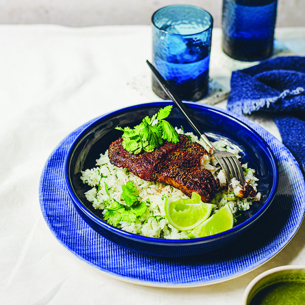 Jerk fish with coriander sauce and coriander lime rice