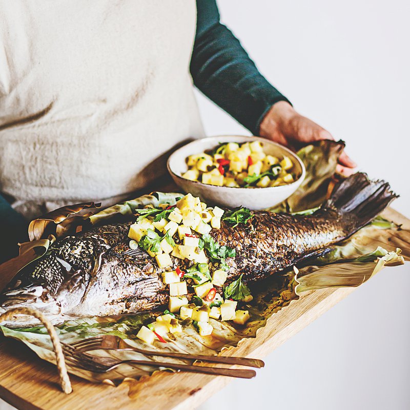 Jerk spiced whole fish with pineapple and lime salsa