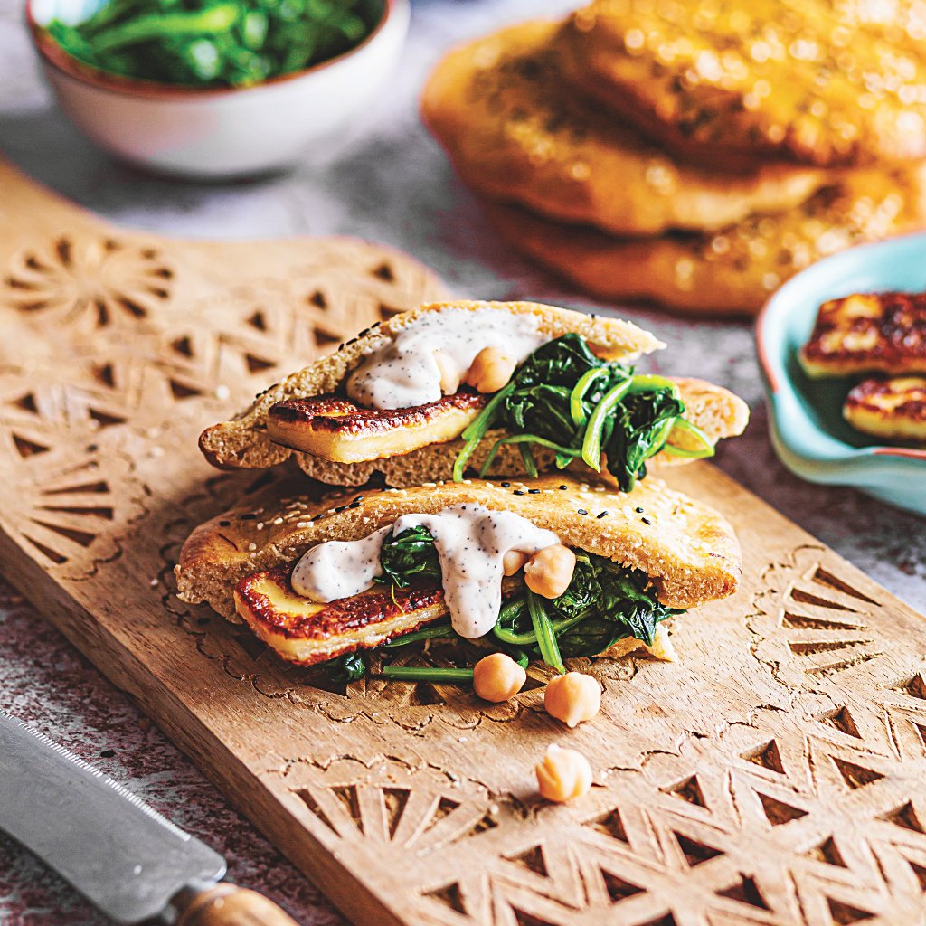 Khameer with halloumi, spinach, chickpeas, and sumac mayonnaise