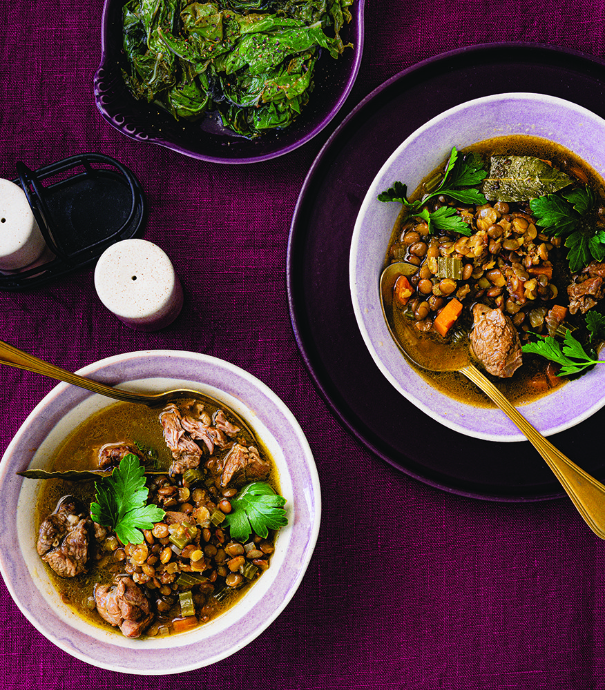 Lamb and lentil soup with Easter greens