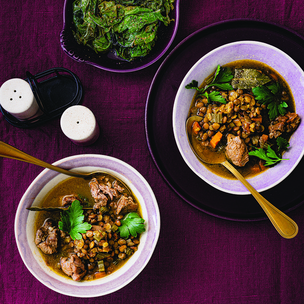 Lamb and lentil soup with Easter greens