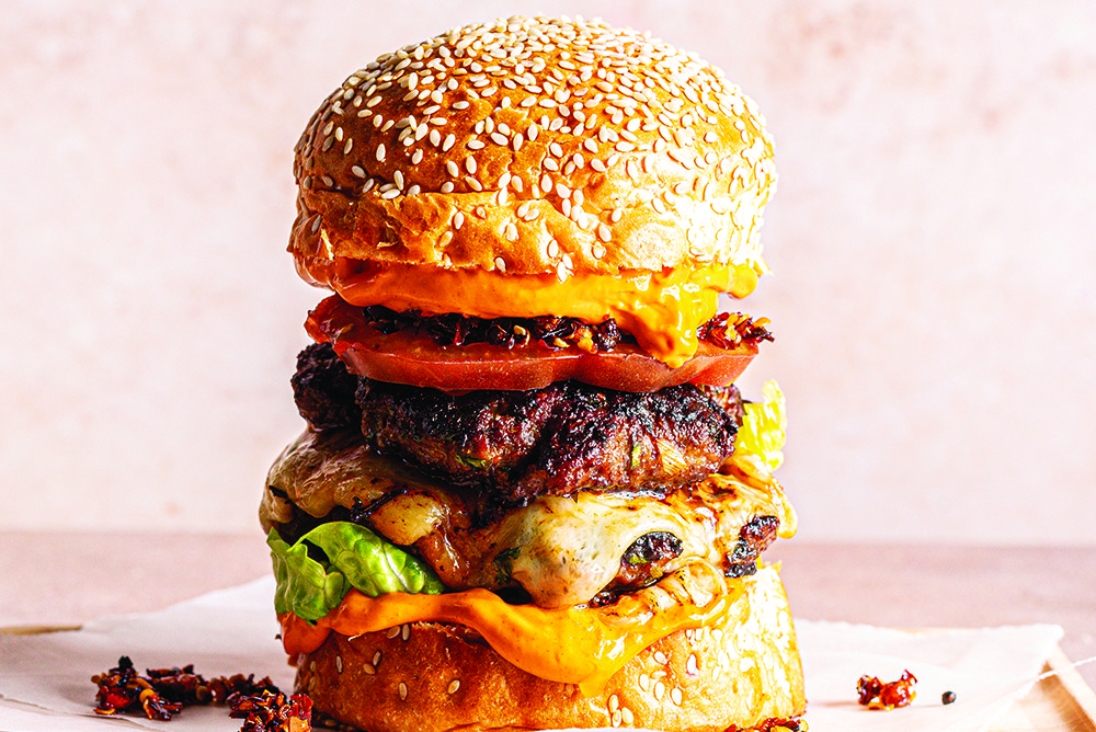 Lamb smash burgers with chilli crisp recipe Spinneys UAE