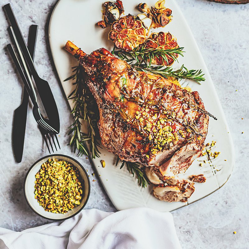 Lamb with Persian apricot glaze and pistachios