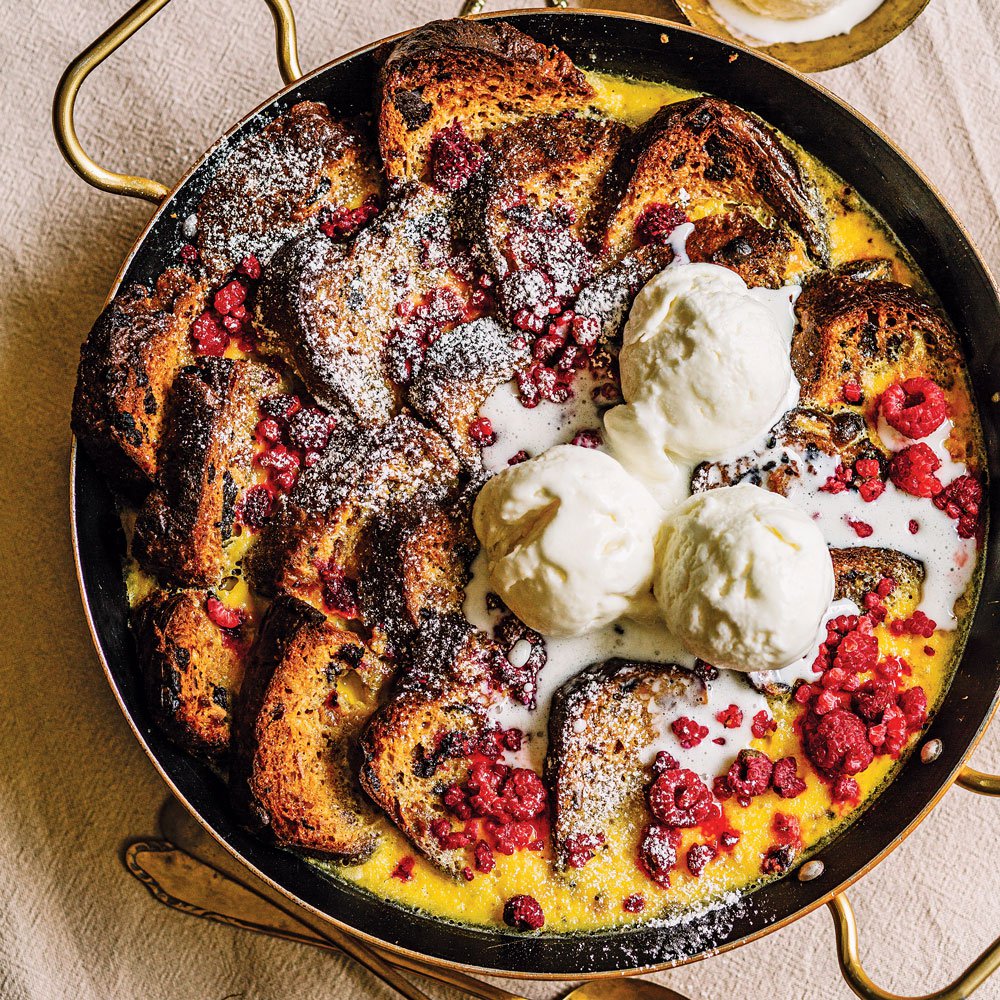 Lemon and raspberry panettone and butter pudding