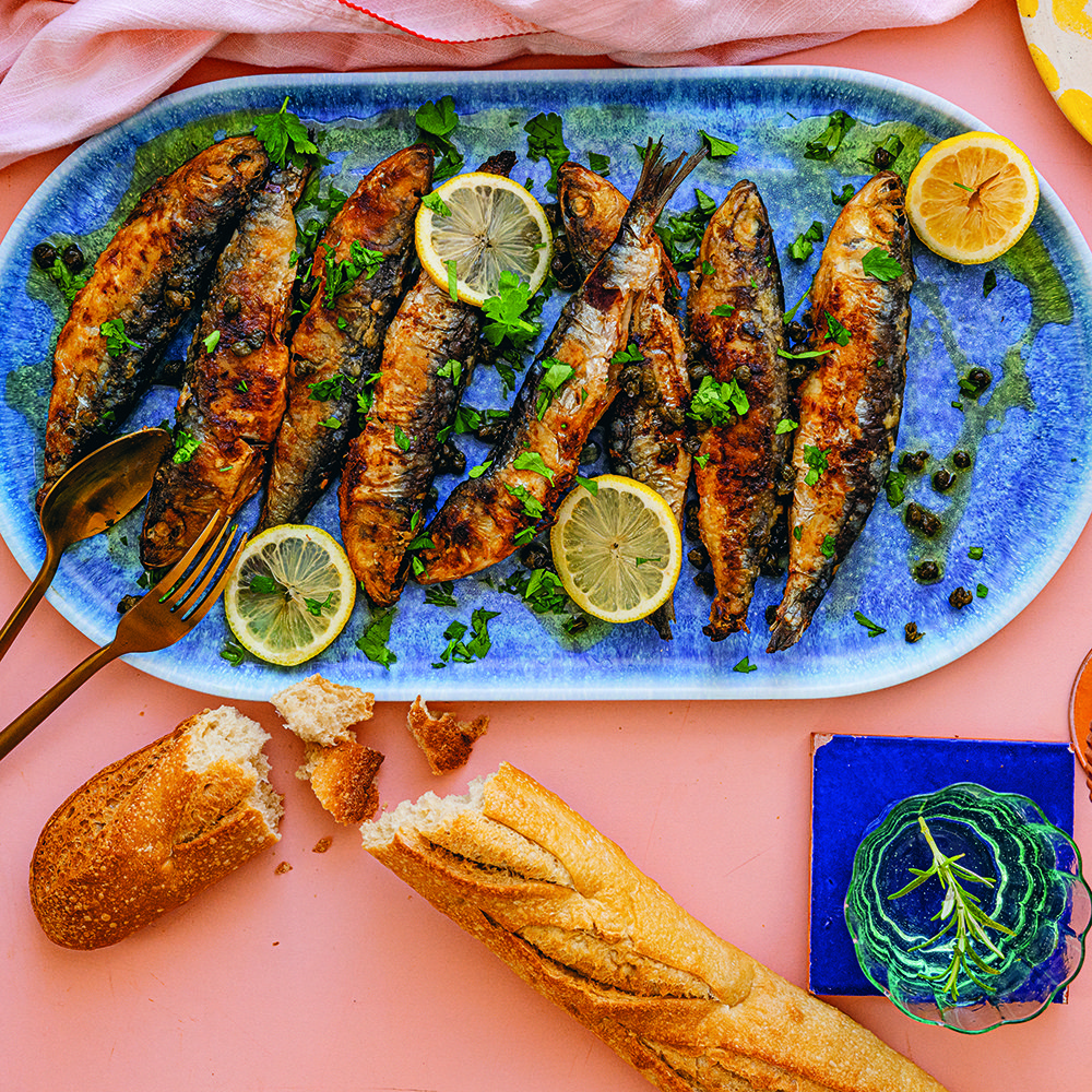 Lemon-marinated sardines with crispy capers