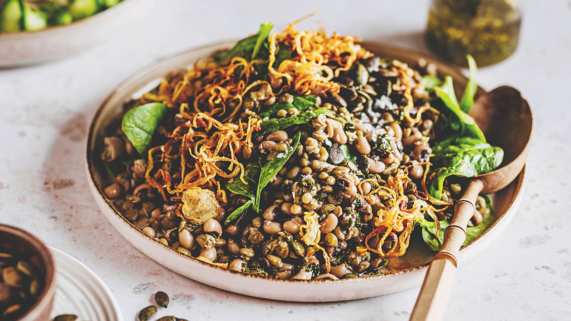 Lentil, black eyed pea and spinach salad